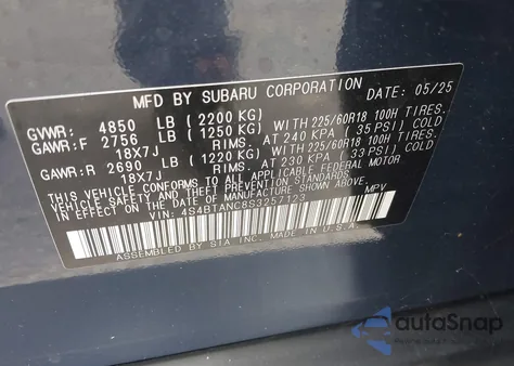 2025 Subaru Outback Limited из США, поврежденный, VIN 4S4BTANC8S3257123